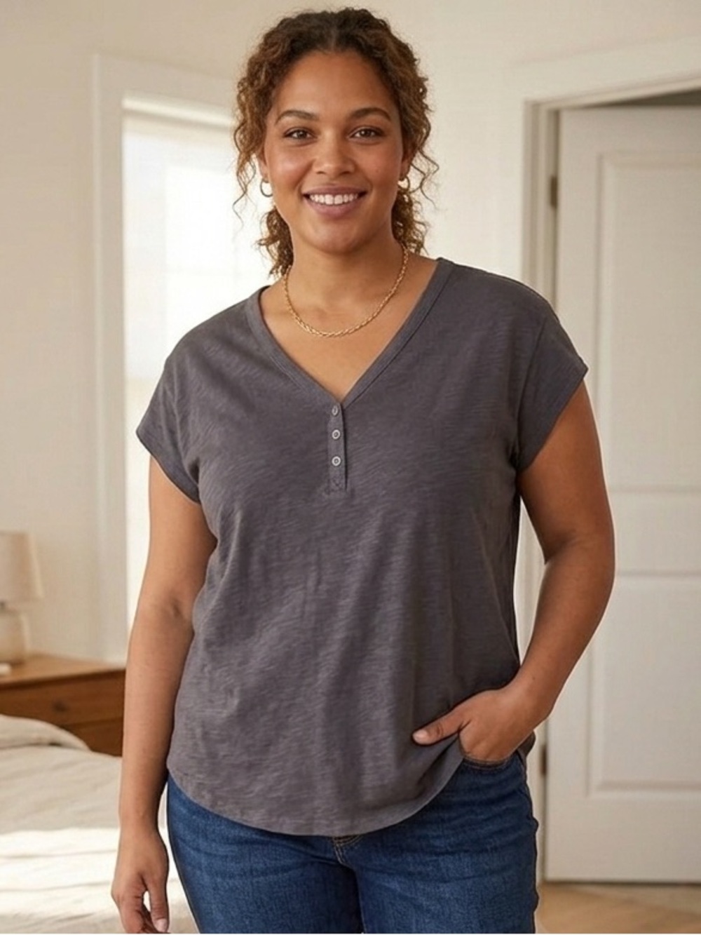 LOFT Charcoal Button-Front V-Neck shirt